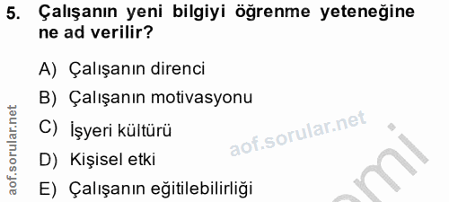5. soru: Çalışanın yeni bilgiyi öğrenme yeteneğine ne ad verilir? A) Çalışanın direnci B) Çalışanın motivasyonu C) İşyeri kült…
