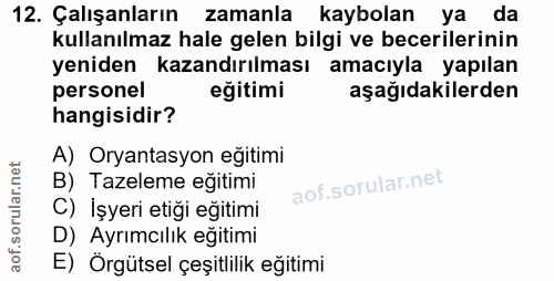 12. soru: Çalışanların zamanla kaybolan ya da kullanılmaz hale gelen bilgi ve becerilerinin yeniden kazandırılması amacıyla yap…