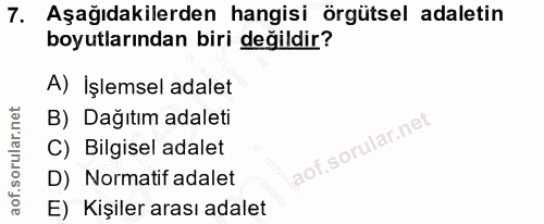 7. soru: Aşağıdakilerden hangisi örgütsel adaletin boyutlarından biri değildir? A) İşlemsel adalet B) Dağıtım adaleti C) Bilgi…
