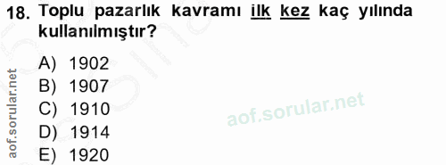 18. soru: Toplu pazarlık kavramı ilk kez kaç yılında kullanılmıştır? A) 1902 B) 1907 C) 1910 D) 1914 E) 1920