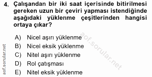 4. soru: Çalışandan bir iki saat içerisinde bitirilmesi gereken uzun bir çeviri yapması istendiğinde aşağıdaki yüklenme çeşitl…