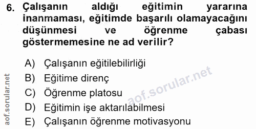 6. soru: Çalışanın aldığı eğitimin yararına inanmaması, eğitimde başarılı olamayacağını düşünmesi ve ogrenme çabası göstermeme…