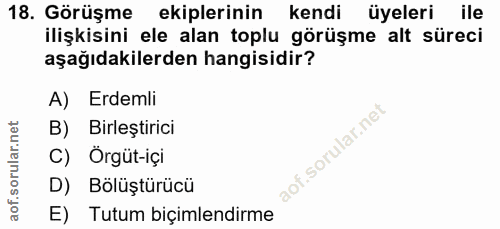 18. soru: Görüşme ekiplerinin kendi üyeleri ile ilişkisini ele alan toplu görüşme alt süreci aşağıdakilerden hangisidir? A) Erd…