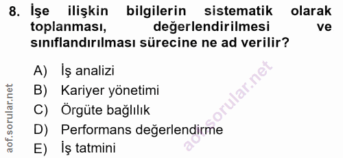 8. soru: Işe ilişkin bilgilerin sistematik olarak toplanması, değerlendirilmesi ve sınıflandırılması sürecine ne ad verilir? A…