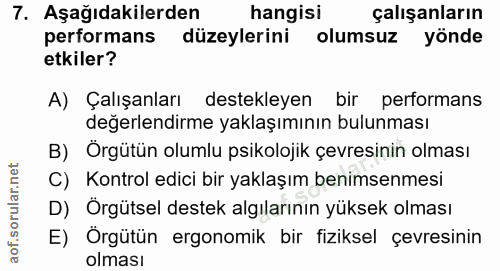 7. soru: Aşağıdakilerden hangisi çalışanların performans düzeylerini olumsuz yönde etkiler? A) Çalışanları destekleyen bir per…