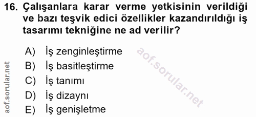 16. soru: Çalışanlara karar verme yetkisinin verildiği ve bazı teşvik edici özellikler kazandırıldığı iş tasarımı tekniğine ne…