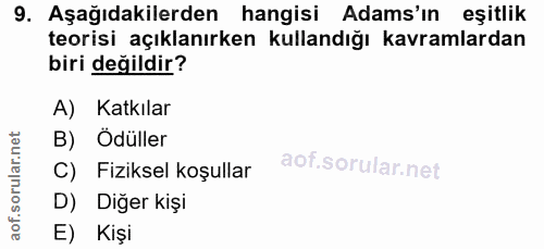 9. soru: Aşağıdakilerden hangisi Adams'ın eşitlik teorisi açıklanırken kullandığı kavramlardan biri değildir? A) Katkılar B) Ö…