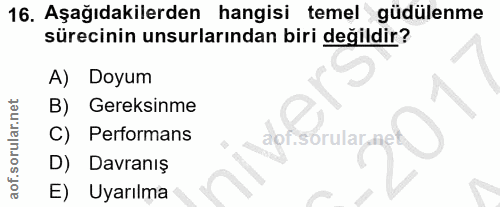 16. soru: Aşağıdakilerden hangisi temel güdülenme sürecinin unsurlarından biri değildir? A) Doyum B) Gereksinme C) Performans a…