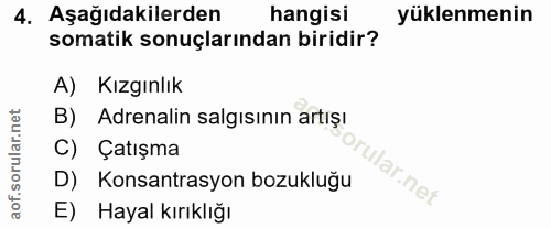 4. soru: Aşağıdakilerden hangisi yüklenmenin somatik sonuçlarından biridir? A) Kızgınlık B) Adrenalin salgısının artışı C) Çat…