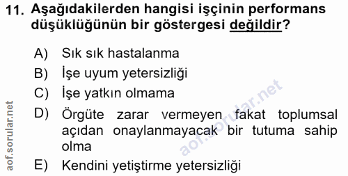 11. soru: Aşağıdakilerden hangisi işçinin performans düşüklüğünün bir göstergesi değildir? A) Sık sık hastalanma B) İşe uyum ye…