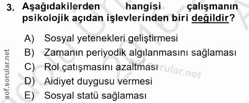 3. soru: Aşağıdakilerden hangisi çalışmanın psikolojik açıdan işlevlerinden biri değildir? A) Sosyal yetenekleri geliştirmesi…