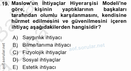 19. soru: Maslow'un ihtiyaçlar Hiyerarşisi Modeli'ne göre, kişinin yaptıklarının başkaları tarafından olumlu karşılanmasını, ke…