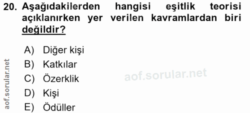 20. soru: Aşağıdakilerden hangisi eşitlik teorisi açıklanırken yer verilen kavramlardan biri değildir? A) Diğer kişi B) Katkıla…