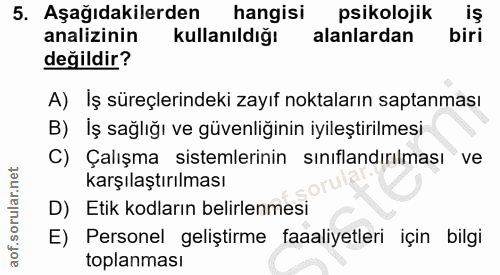 5. soru: Aşağıdakilerden hangisi psikolojik iş analizinin Kullanıldığı alanlardan biri değildir? A) Iş süreçlerindeki zayıf no…