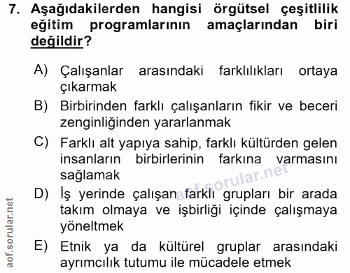 7. soru: Aşağıdakilerden hangisi örgütsel çeşitlilik eğitim programlarının amaçlarından biri değildir? A) Çalışanlar arasındak…