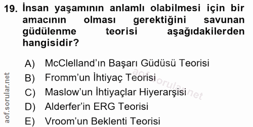 19. soru: Insan yaşamının anlamlı olabilmesi için bir amacının olması gerektiğini savunan güdülenme teorisi aşağıdakilerden han…