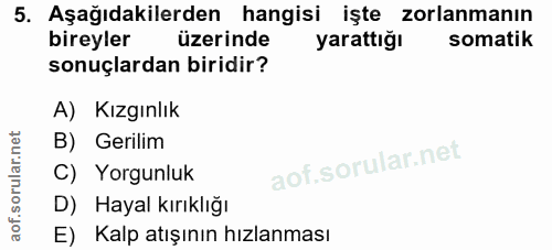 5. soru: Aşağıdakilerden hangisi işte zorlanmanın bireyler üzerinde yarattığı somatik sonuçlardan biridir? A) Kızgınlık B) Ger…