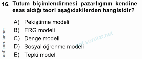 16. soru: Tutum biçimlendirmesi pazarlığının kendine esas aldığı teori aşağıdakilerden hangisidir? A) Pekiştirme modeli B) ERG…