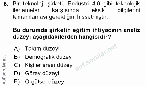 6. soru: Bir teknoloji şirketi, Endüstri 4.0 gibi teknolojik ilerlemeler karşısında eksik bilgilerini tamamlaması gerektiğini…