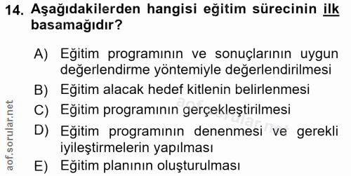 14. soru: Aşağıdakilerden hangisi eğitim sürecinin ilk basamağıdır? A) Eğitim programının ve sonuçlarının uygun değerlendirme y…