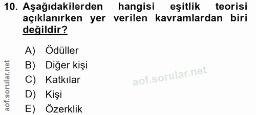 10. soru: Aşağıdakilerden hangisi eşitlik teorisi açıklanırken yer verilen kavramlardan biri değildir? A) Ödüller B) Diğer kişi…