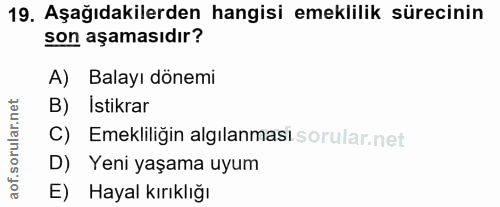 19. soru: Aşağıdakilerden hangisi emeklilik sürecinin son aşamasıdır? A) Balayı dönemi B) İstikrar C) Emekliliğin algılanmasi D…