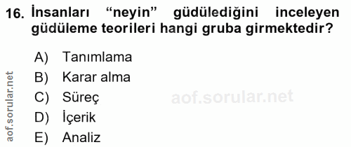 16. soru: İnsanları "neyin" güdülediğini inceleyen güdüleme teorileri hangi gruba girmektedir? A) Tanımlama B) Karar alma C) Sü…