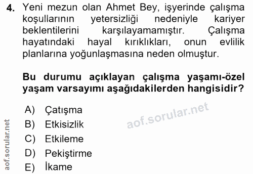4. soru: Yeni mezun olan Ahmet Bey, işyerinde çalışma koşullarının yetersizliği nedeniyle kariyer beklentilerini karşılayamamı…
