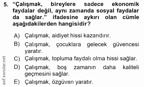 5. soru: "Çalışmak, bireylere sadece ekonomik faydalar değil, aynı zamanda sosyal faydalar da sağlar." ifadesine aykırı olan c…