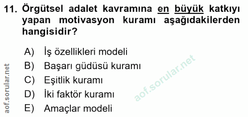 11. soru: Örgütsel adalet kavramına en büyük katkıyı yapan motivasyon kuramı aşağıdakilerden hangisidir? A) Iş özellikleri mode…