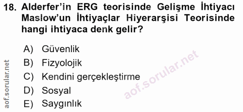 18. soru: Alderfer'in ERG teorisinde Gelişme İhtiyacı Maslow'un Ihtiyaçlar Hiyerarşisi Teorisinde hangi ihtiyaca denk gelir? A)…