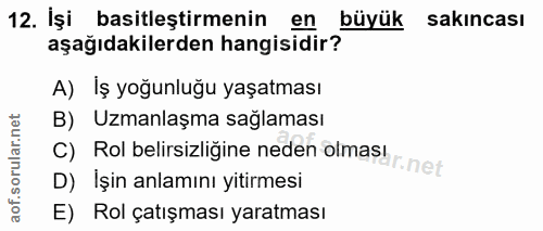 12. soru: İşi basitleştirmenin en büyük sakincası aşağıdakilerden hangisidir? A) Iş yoğunluğu yaşatması B) Uzmanlaşma sağlaması…