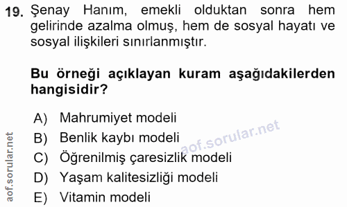 19. soru: Şenay Hanım, emekli olduktan sonra hem gelirinde azalma olmuş, hem de sosyal hayatı ve sosyal ilişkileri sınırlanmışt…