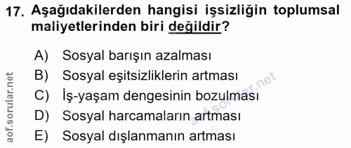 17. soru: Aşağıdakilerden hangisi işsizliğin toplumsal maliyetlerinden biri değildir? A) Sosyal barışın azalması B) Sosyal eşit…