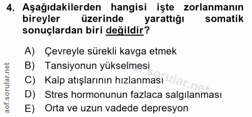 4. soru: Aşağıdakilerden hangisi işte zorlanmanın bireyler üzerinde yarattığı somatik sonuçlardan biri değildir? A) Çevreyle s…