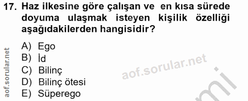 17. soru: Haz ilkesine göre çalışan ve en kısa sürede doyuma ulaşmak isteyen kişilik özelliği aşağıdakilerden hangisidir? A) Eg…