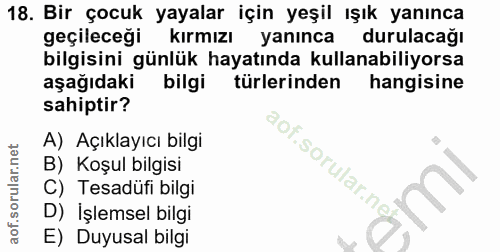 18. soru: Bir çocuk yayalar için yeşil ışık yanınca geçileceği kırmızı yanınca durulacağı bilgisini günlük hayatında kullanabil…
