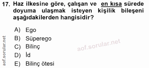 17. soru: Haz ilkesine göre, çalışan ve en kısa sürede doyuma ulaşmak isteyen kişilik bileşeni aşağıdakilerden hangisidir? A) E…