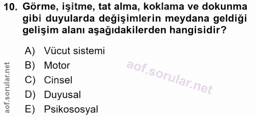 10. soru: Görme, işitme, tat alma, koklama ve dokunma gibi duyularda değişimlerin meydana geldiği gelişim alanı aşağıdakilerden…