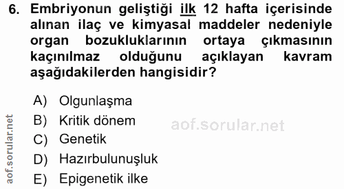 6. soru: Embriyonun geliştiği ilk 12 hafta içerisinde alınan ilaç ve kimyasal maddeler nedeniyle organ bozukluklarının ortaya…