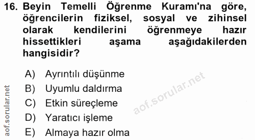 16. soru: Beyin Temelli Öğrenme Kuramı'na göre, öğrencilerin fiziksel, sosyal ve zihinsel olarak kendilerini öğrenmeye hazır hi…