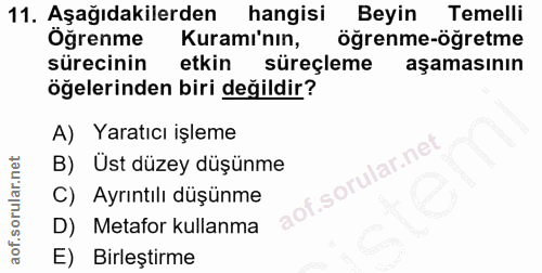 11. soru: Aşağıdakilerden hangisi Beyin Temelli Öğrenme Kuramı'nın, öğrenme-öğretme sürecinin etkin süreçleme aşamasının öğeler…