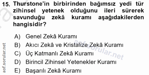 15. soru: Thurstone'in birbirinden bağımsız yedi tür zihinsel yetenek olduğunu ileri sürerek savunduğu zekâ kuramı aşağıdakiler…