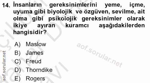 14. soru: Insanların gereksinimlerini yeme, içme, uyuma gibi biyolojik ve özgüven, sevilme, ait olma gibi psikolojik gereksinim…