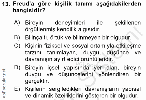 13. soru: Freud'a göre kişilik tanımı aşağıdakilerden hangisidir? A) Bireyin deneyimleri ile şekillenen örgütlenmiş kendilik al…
