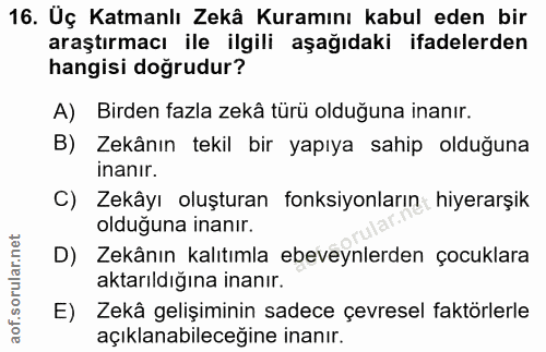 16. soru: Uç Katmanlı Zekâ Kuramını kabul eden bir araştırmacı ile ilgili aşağıdaki ifadelerden hangisi doğrudur? A) Birden faz…