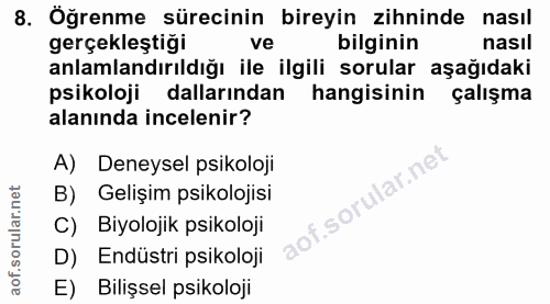 8. soru: Öğrenme sürecinin bireyin zihninde nasıl gerçekleştiği ve bilginin nasıl anlamlandırıldığı ile ilgili sorular aşağıda…