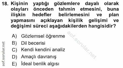 18. soru: Kişinin yaptığı gözlemlere dayalı olarak olayları önceden tahmin etmesini, buna ilişkin hedefler belirlemesini ve kiş…