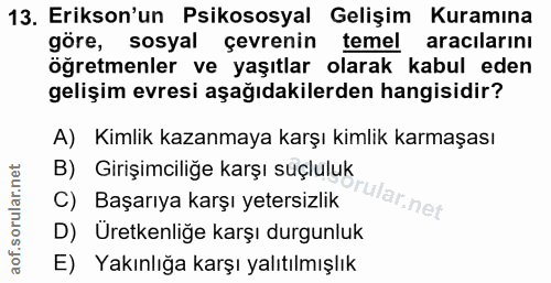 13. soru: Erikson'un Psikososyal Gelişim Kuramına göre, sosyal çevrenin temel aracılarını öğretmenler ve yaşıtlar olarak kabul…