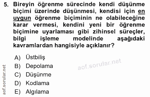 5. soru: Bireyin öğrenme sürecinde kendi düşünme biçimi üzerinde düşünmesi, kendisi için en uygun öğrenme biçiminin ne olabile…